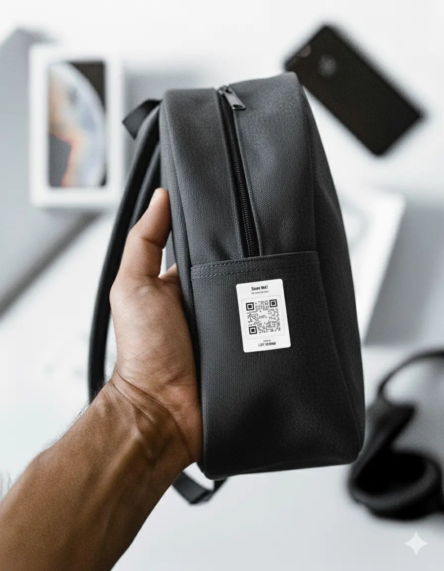 Asset tag attached to black bag